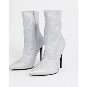 ASOS DESIGN Esmerelda high heeled sock boots in silver glitter